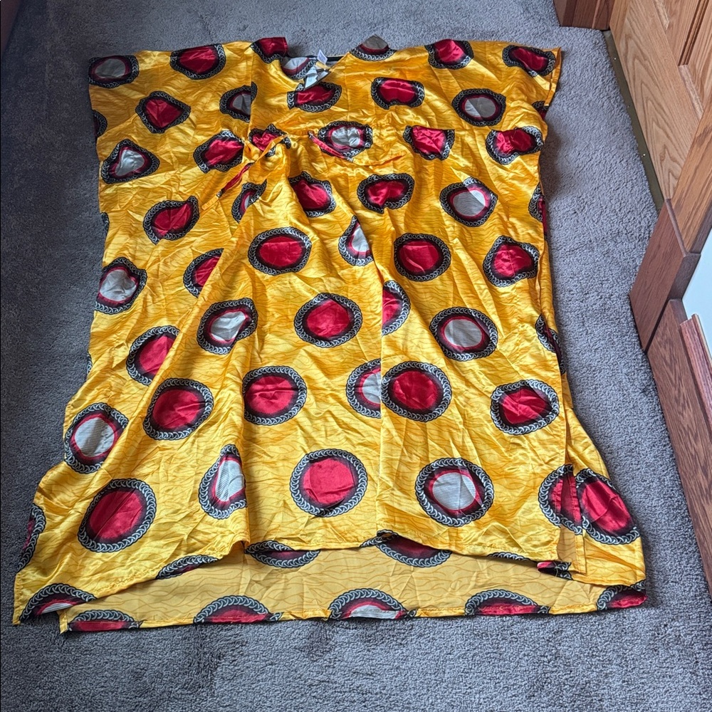 Winlar Yellow Red Satin African Print Kaftan Maxi Dress One Size OS